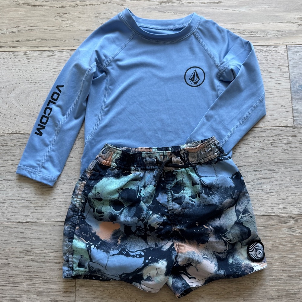 Volcom Light Blue Rash Guard & Swim Trunks - 18 Months